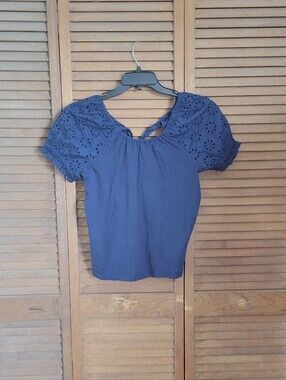 J. Crew Women's Navy Blue Eyelet Puff Sleeve Peasant Blouse with Back Tie | NWT